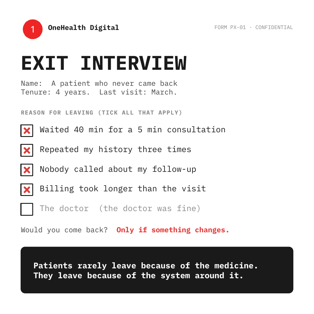 An exit interview form filled in by a patient who never came back to the hospital
